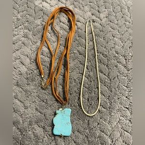 Blue & Tan Stone On A Brown Suede Long Necklace With An Extra White/Cream